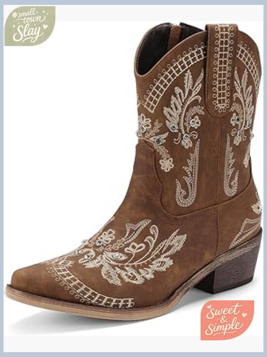 Shoes - Embellished Ankle Cowboy Boots for Women Chunky Heel Side Zipper Western Booties